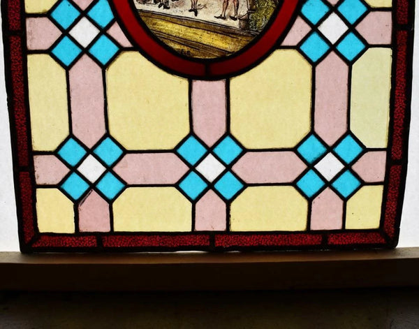Antique French Stained Leaded Glass Hand Painted Panel w/Parisian Figures