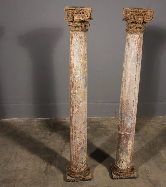 Antique French Solid Oak Highly Carved Corinthian Fireplace Side Pillars Rustic