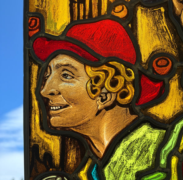 13" Tall Vintage Belgian Stained/Leaded Glass Panel of a Man with Bells