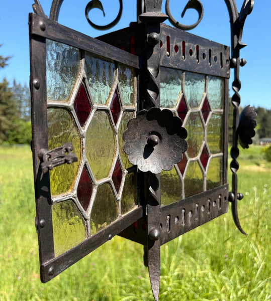27" French Antique Gothic Iron & Stained Glass Hanging Chandelier/Pendant Lamp