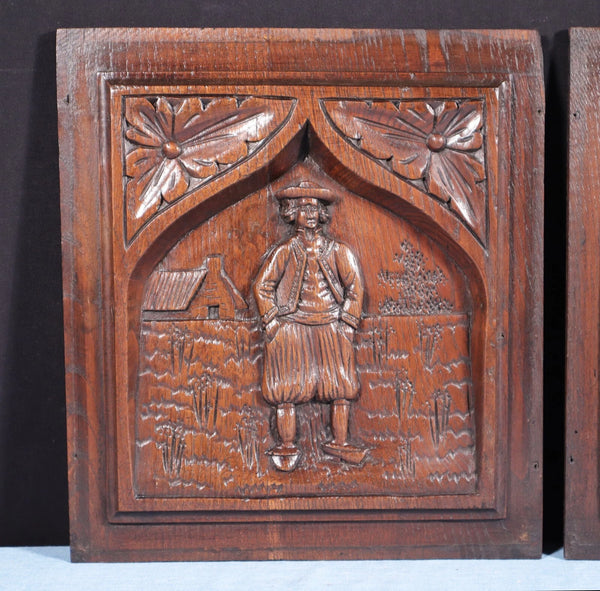 Pair of French Antique Highly Carved Breton Panels in Solid Chestnut Wood