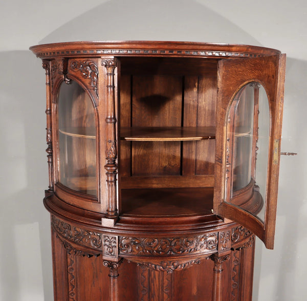 65" Tall Antique French Solid Oak Wood Renaissance Curved Display Case/Cabinet