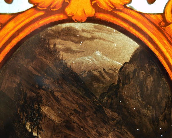 Brass Framed Antique French Stained Glass Panel with Mountain Pass Scene