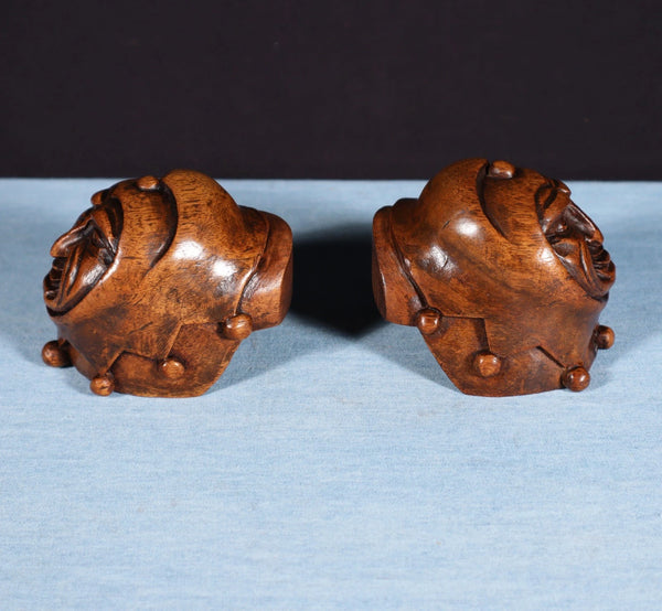 Pair of 3" Tall French Antique Highly Carved Jester Heads in Solid Walnut Wood