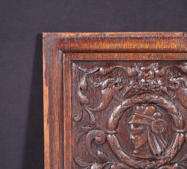 Antique French Solid Oak Highly Carved Panel with Portrait Carving Late 1800's