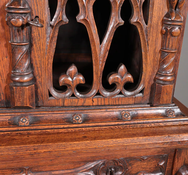 70" Tall Antique French Gothic Revival Oak Wood Cabinet/Liquor/Wine/Bar Cabinet