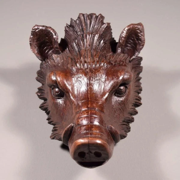 Large 10" Antique Decorative Carved French Hunting Boar's Head in Solid Walnut