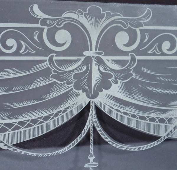 19" Wide Pair of Antique French Etched Glass Windows With Curtains and Tassels