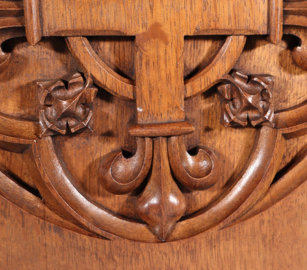 Antique French Gothic Revival Panel Carved Solid Oak Wood Salvage Christian
