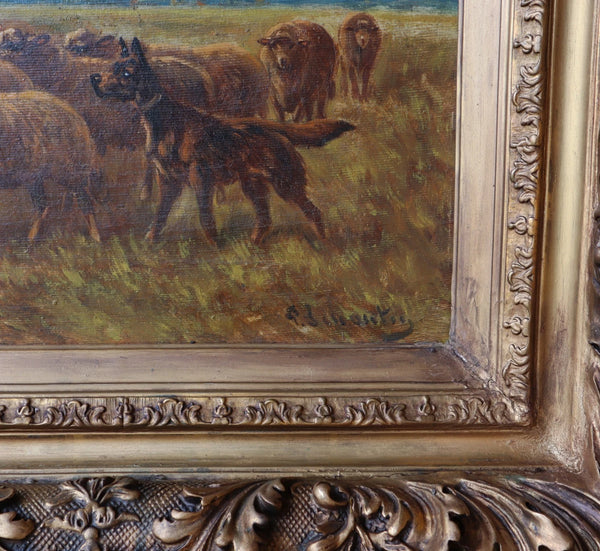 Antique Oil on Canvas Painting of a Farmer & Sheep by Paul Schouten (1860-1922)
