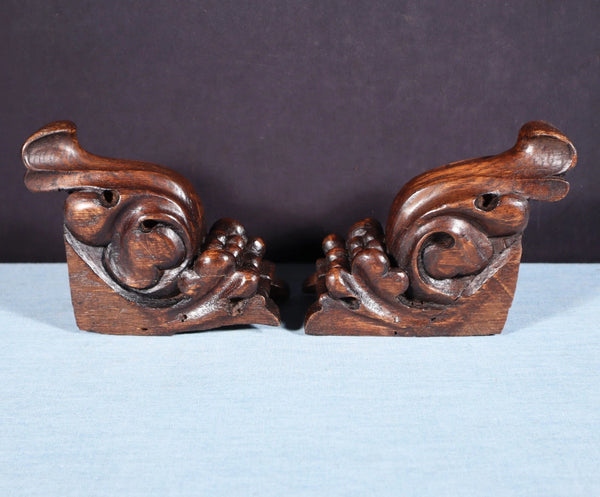 Pair of 5" Tall French Antique Highly Carved Trim/Corbels Solid Oak Wood