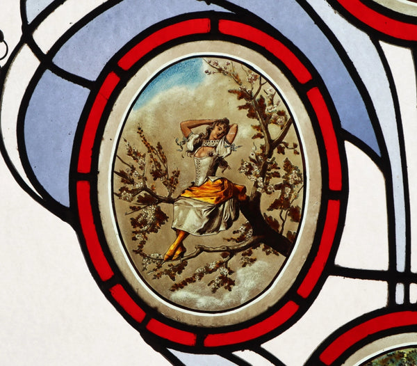 38" Tall Large Antique French Art Nouveau Stained/Leaded Glass Panel 4 Seasons