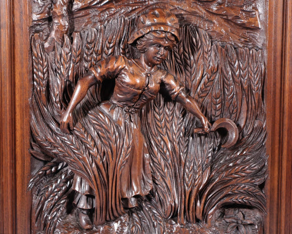 Antique French Solid Walnut Wood Highly Carved Panel w/Woman Harvesting Wheat