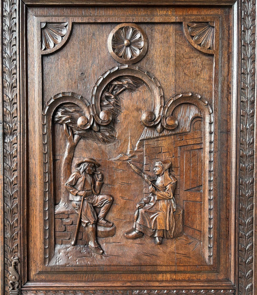 71" Tall French Antique Breton Cabinet in Solid Chestnut Wood w/Carved Figures