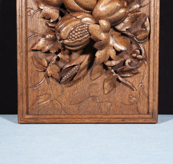 14" Tall French Antique Solid Oak Panel Highly Carved Harvest Theme