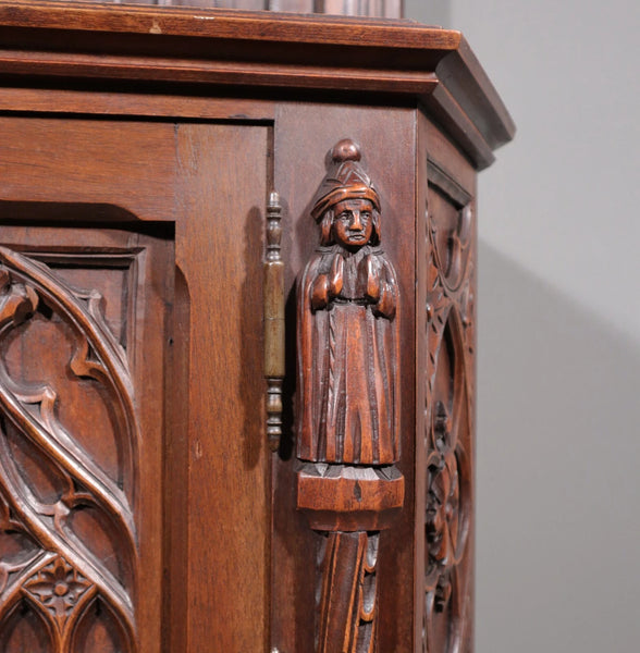 88" Tall Antique French Walnut Gothic Cabinet/ Cupboard/ Display Stand/Pedestal