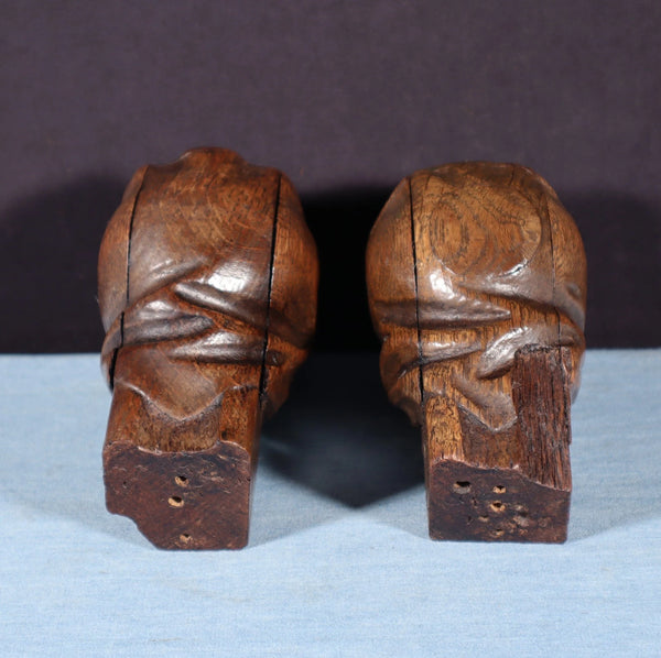 Pair of 4" Tall French Antique Highly Carved Heads in Solid Oak Wood Trim Pieces