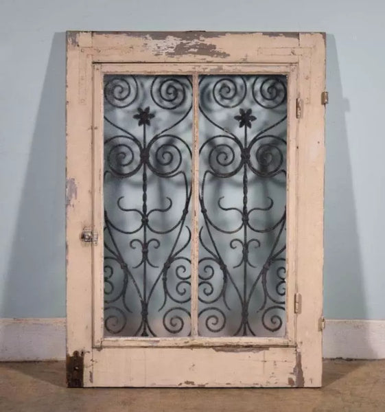 Antique French Solid Wood Window with Iron Grille and Hinged Window Salvage