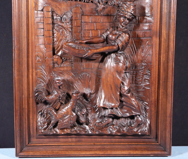 Antique French Solid Walnut Wood Highly Carved Panel w/Woman Feeding Chickens