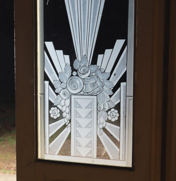 Pair of French Art Deco Etched Glass Doors Frosted Glass with Pine Frames
