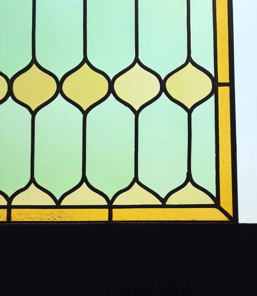 45" Wide French Antique Stained Glass Window Panel with Green & Yellow Glass