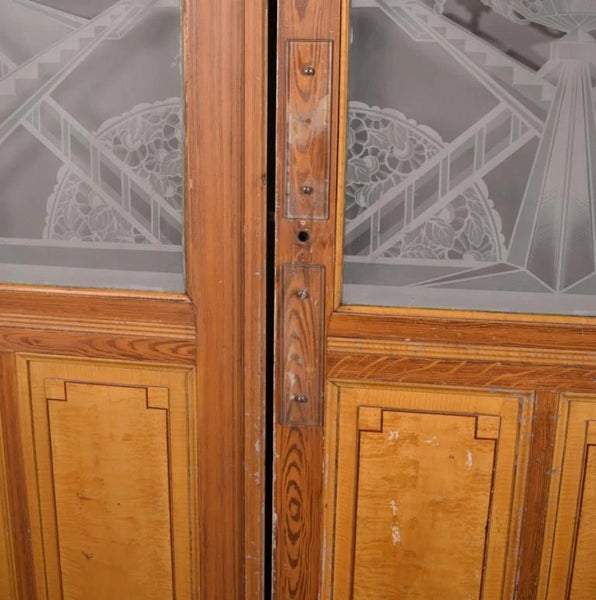 Set Antique French Art Deco Etched Glass Doors Frosted Glass with Pine Frames