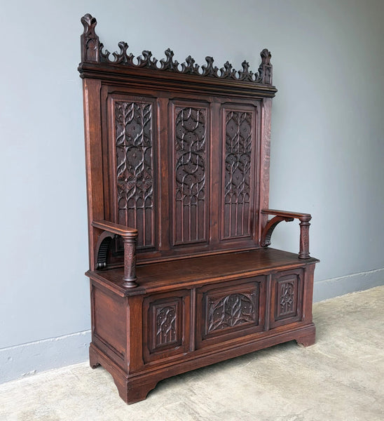 72" Tall Antique French Gothic Revival Oak Wood Bench/Settee/Chair Highly Carved