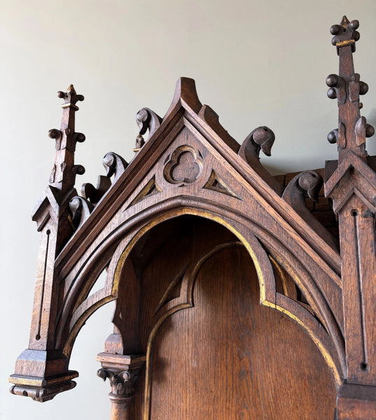 57" Tall French Antique Neo Gothic Solid Oak Highly Carved Wall Niche/Shrine