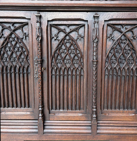 Antique French Gothic Revival Cabinet/Console/Sideboard, Highly Carved Oak