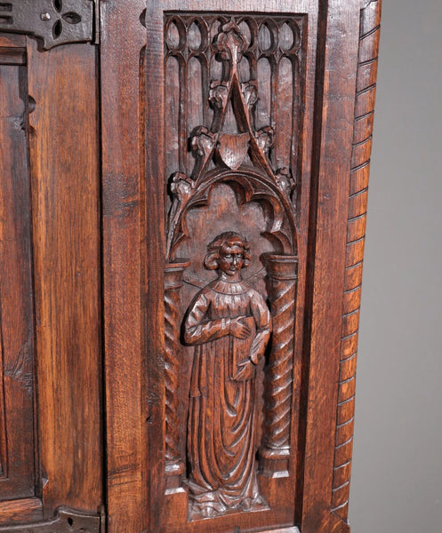 63" Tall Antique French Gothic Revival Cabinet Highly Carved in Solid Oak Wood