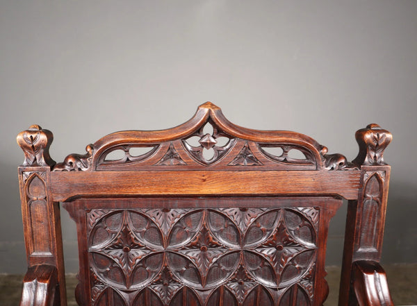 Share French Antique Gothic Revival Chestnut Arm Chair Carved Wood Desk Chair