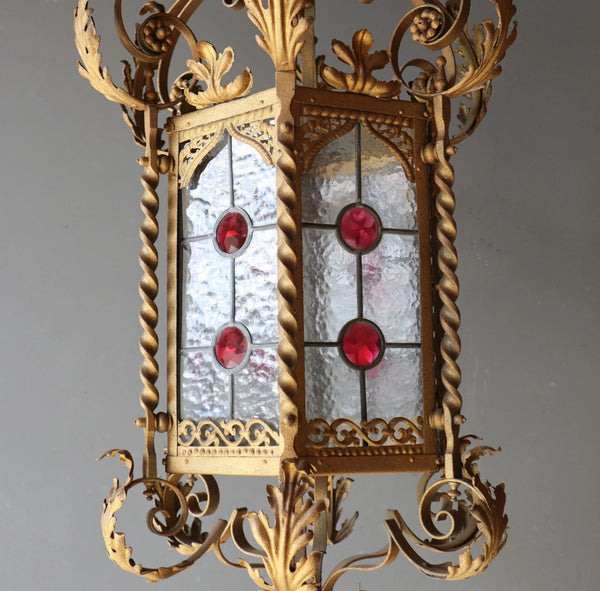 36" Tall XL French Antique Iron and Stained Glass Hanging Chandelier/Lamp