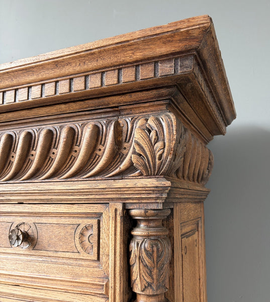 77" Tall Antique French Apothecary Cabinet Solid Oak Carved with Compartments