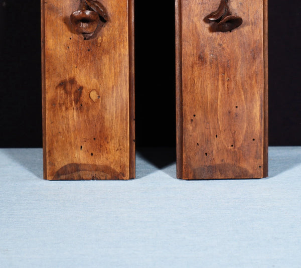 16" Pair of French Antique Solid Walnut Wood Highly Carved Posts with Flowers