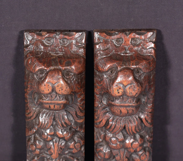 Pair of 8" French Antique Highly Carved Lion Corbels/Trim/Brackets Solid Oak