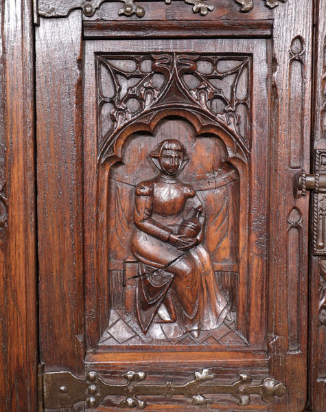Antique French Gothic Revival Cabinet Highly Carved in Oak Wood w/Figures