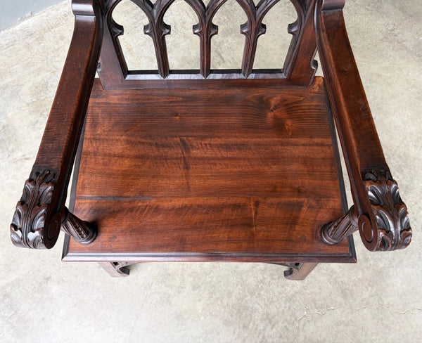 French Antique Gothic Revival Walnut Arm Chair Carved Wood Desk Chair