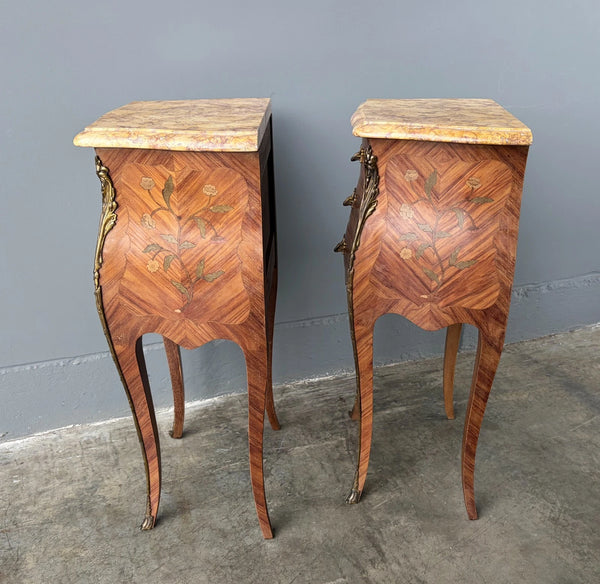 Pair of 30" Tall Antique French Louis XV Inlayed Nightstands with Marble Tops