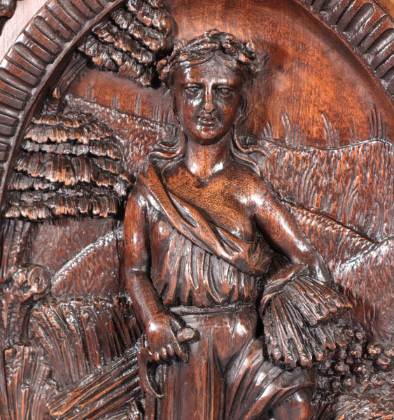 24" Tall Antique French Solid Oak Panel Highly Carved Harvest Theme w/Woman