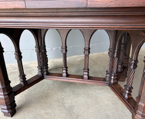Vintage French Gothic Dining Table in Solid Oak Wood with Highly Detailed Base