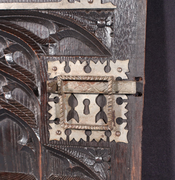 Antique French Solid Chestnut Wood Carved Gothic Door w/Faux Hinges and Latch