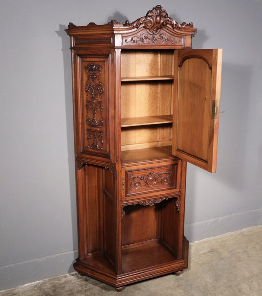 71" Tall Antique French Solid Walnut Wood Highly Carved Renaissance Cabinet