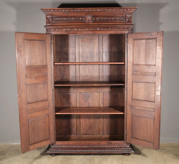 91" Tall French Antique Breton Armoire/Cabinet in Solid Chestnut Highly Carved