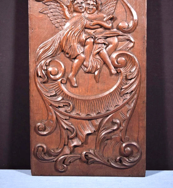 49" Tall French Antique Deep Carved Louis XV Panel Solid Oak Wood with Cherubs