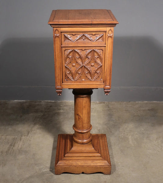 Vintage French Gothic Revival Stand, Cabinet, End Table Highly Carved Oak Wood