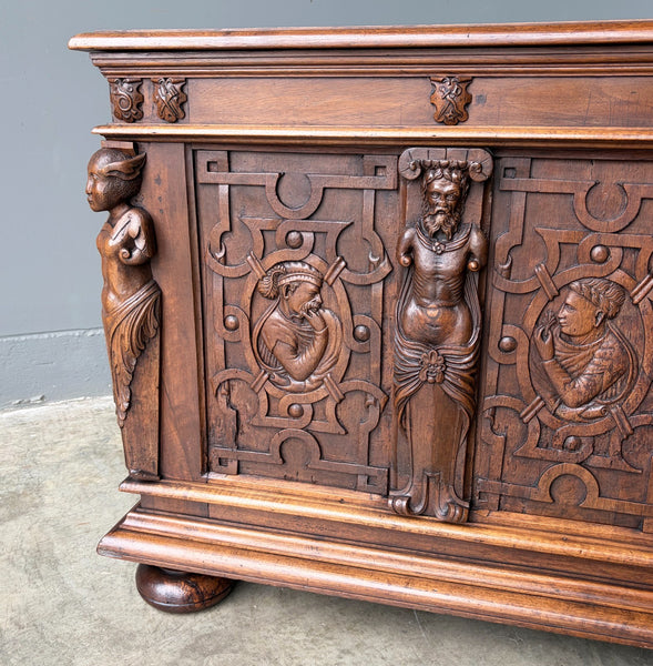 Antique French Renaissance Chest/Trunk/Sideboard Solid Walnut Detailed Carvings