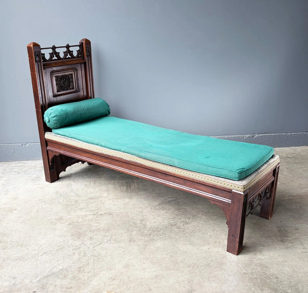 74" Long French Antique Neo Gothic Day Bed Solid Walnut with Green Silk Cushions