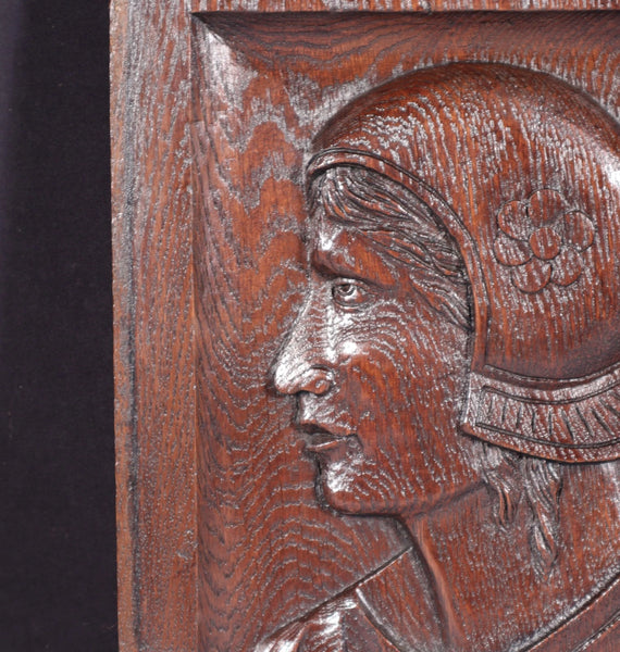12" Tall Antique French Solid Oak Wood Hand Carved Portrait Profile of a Woman