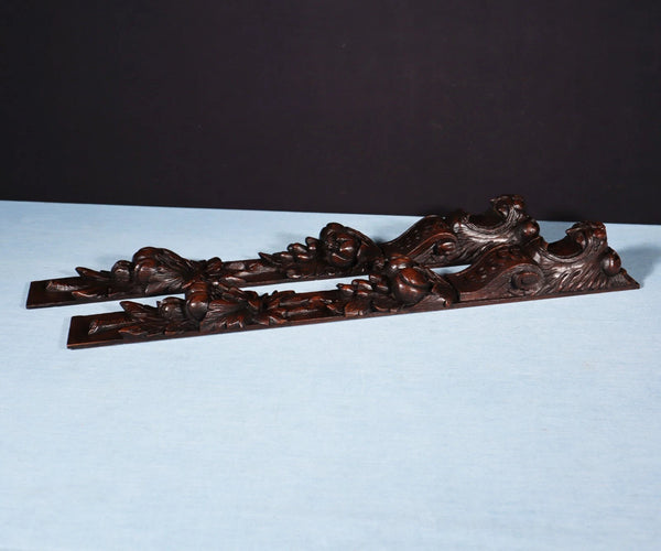 26" Pair of French Antique Solid Oak Wood Highly Carved Wood Lion Trim Posts