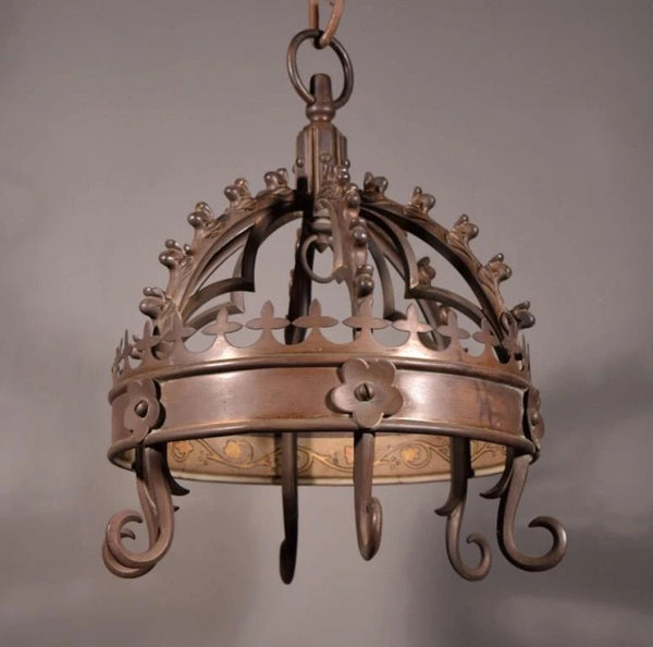 Antique Gothic French Bronze Crown Chandelier Pendent Hanging Lamp
